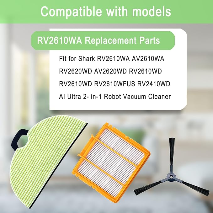 RV2610WA Replacement Parts Compatible with Shark RRV2610WA AV2610WA RV2620WD AV2620WD RV2610WD RV2610WD RV2610WFUS RV2410WD AI Ultra 2- in-1 Robot Vacuum, 4 Mop Pads, 3 Filters, 6 Side Brush