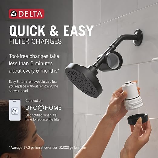 Delta Faucet 5-Setting Shower Head Matte Black with Clarifi Standard Shower Filter Attachment with Filter
