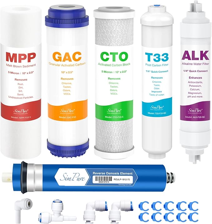 SimPure SP5-RO75 6-Stage 10" Reverse Osmosis Replacement Filter Set with Alkaline Mineral Filter, Complete Set for 75 GPD Standard 6-Stage Reverse Osmosis RO Water Filtration Systems, 6 Pieces