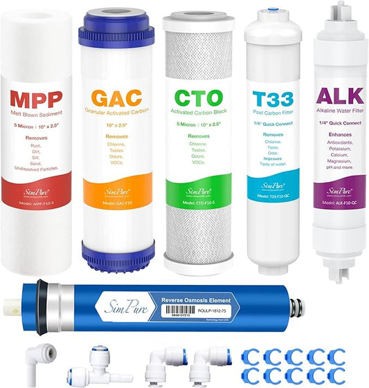 SimPure SP5-RO75 6-Stage 10" Reverse Osmosis Replacement Filter Set with Alkaline Mineral Filter, Complete Set for 75 GPD Standard 6-Stage Reverse Osmosis RO Water Filtration Systems, 6 Pieces