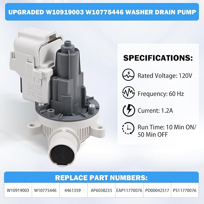W10919003 W10775446 Washer Drain Pump Assembly Compatible with Whirlpool Kenmore Maytag Crosley Amana Top Load Clothes Washing Machine Replacement Parts AP6038235 EAP11770076 PD00042517 PS11770076