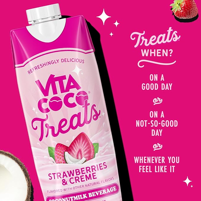 Vita Coco Treats Strawberries & Creme Coconut Milk Drink | Sweet, Refreshing, Treat | Cremey Pink Drink Alternative | 16.9 fl oz (Pack of 12)