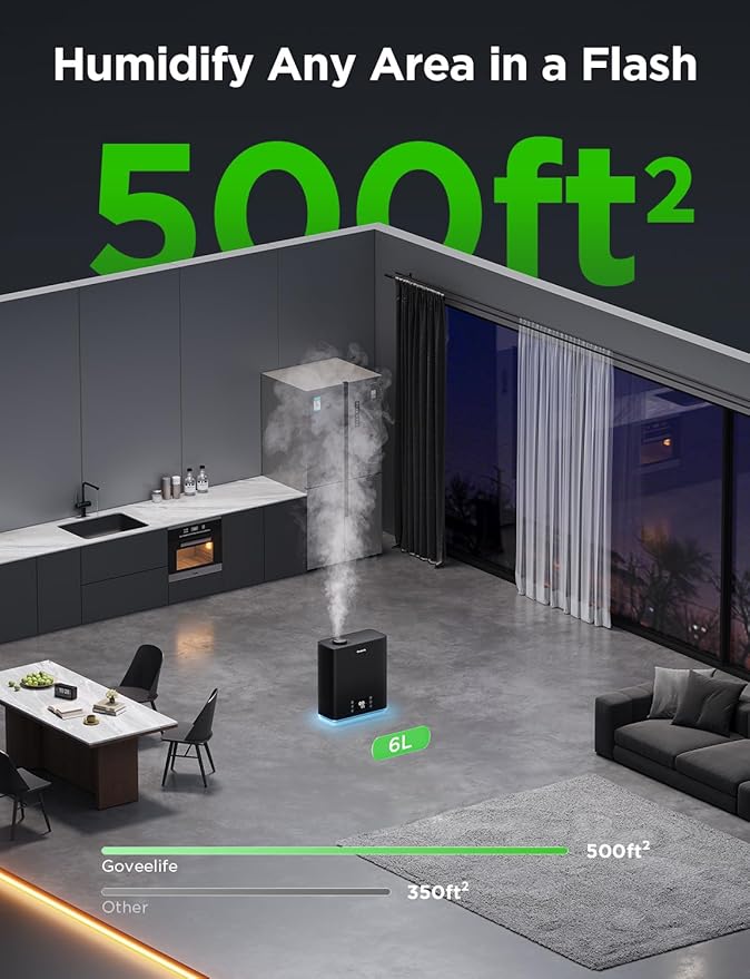 GoveeLife Smart Humidifiers for Bedroom Large Room, Top-Fill Cool Mist 6L WiFi Air Humidifier, Auto Mode, App & Voice Control, 60H Runtime, Rapid Humidification, RGB Nightlight Baby Plants, Black