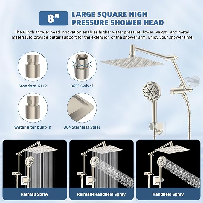iFealClear Metal Rain Shower Head, 8” High Pressure Rainfall Shower Head with Handheld Spray, 10-Mode Handheld Powerful Wash, 16" Adjustable Extension Arm, Brushed Nickel