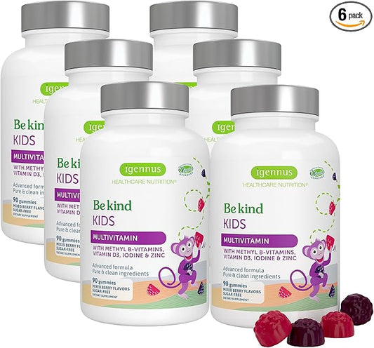 Igennus Methylated Kids Multivitamin Gummy, MTHFR, No Artificial Sweeteners or Flavors, Sugar Free, Age 4+, 90 Natural Berry Flavor Gummies from Fruit Powder, Non-GMO, Halal, Clean Label x6