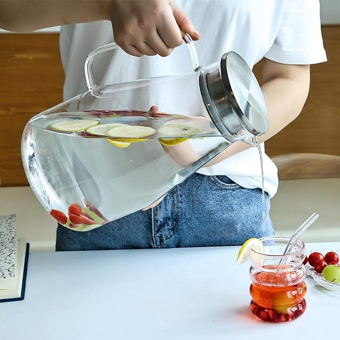 Glass Pitcher with Lid,1 Gallon Glass Water Pitcher Hot/Cold Water Jug, Juice and Iced Tea Beverage Carafe with Lid (Extra-Wide Mouth)