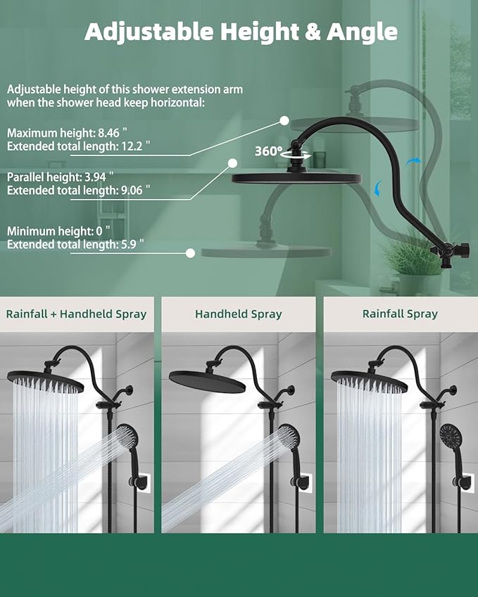10'' Self-cleaning Rain Shower Head, High Pressure Handheld Shower Head, Showerhead Combo with 12'' Adjustable Curved Shower Extension Arm, 7-Spray, 71'' Hose, Showerhead Holder, Oil-Rubbed Bronze