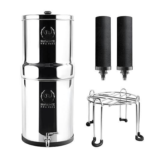 3.25 Gallon Water Filter AISI 304 Stainless Steel Gravity Fed Water Filter System, NSF Certified 2 Smart Carbon Filter Elements, Free Stainless Steel Stand & Water Spigot