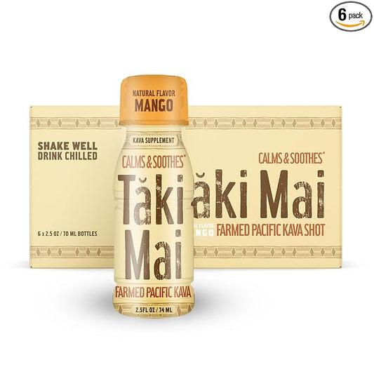 Taki Mai Mango Kava Kava 2.5 oz (6-pack) Shots – Noble Kava Root Drink, Ready to Drink for Stress Support & Relaxation, Fast Acting Herbal Support for Calming Better Sleep and Balanced Mood