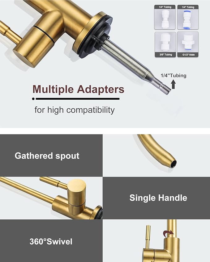 Kitchen Faucet and Water Filter Faucet Combo, WOWOW Stainless Steel Kitchen Sink Faucet with Drinking Water Faucet for Reverse Osmosis or Water Filtration System, Brushed Gold