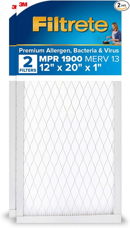 Filtrete 12x20x1 AC Furnace Air Filter, MERV 13, MPR 1900, Premium Allergen, Bacteria & Virus Filter, 3-Month Pleated 1-Inch Electrostatic Air Cleaning Filter, 2-Pack (Actual Size 11.81x19.81x0.78 in)
