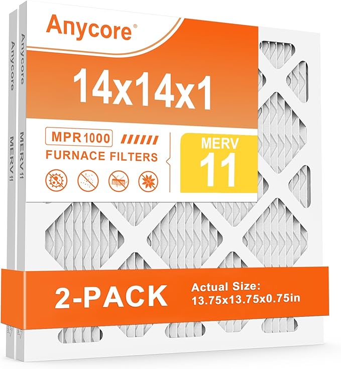 14x14x1 Air Filter 2-Pack MERV 11 MPR 1000 FPR 7 AC HVAC Furnace Pleated Filters for Home Office (Actual Size: 13.75x13.75x0.75 inch)
