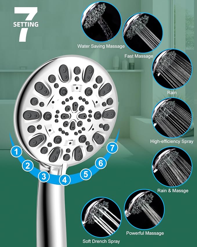 Hibbent 10'' Self-cleaning Rainfall Shower Head, High Pressure Handheld Shower Head, Showerhead Combo with 12'' Adjustable Curved Shower Extension Arm, 7-Spray, 71'' Hose, Showerhead Holder, Chrome