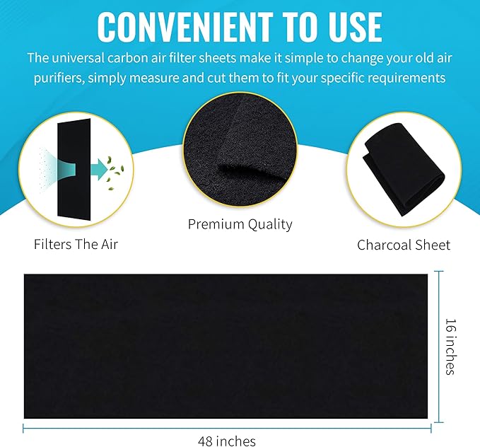 CFS 3-PACK Cut-to-Fit Carbon Pad 16 x 48 inches for Air Filters Charcoal Sheet fits Air Purifiers Range Hoods Furnace Filters removes Odor V O C Parts Accessories Replacement Replenishment and more