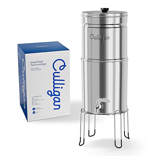 Culligan with MaxClear Technology 2.25 Gallon Gravity Water Filter System, Brushed Countertop Ceramic Water Filter NSF/ANSI Certified to Reduce Lead, Microplastics & Total PFAS, with 1 Filter