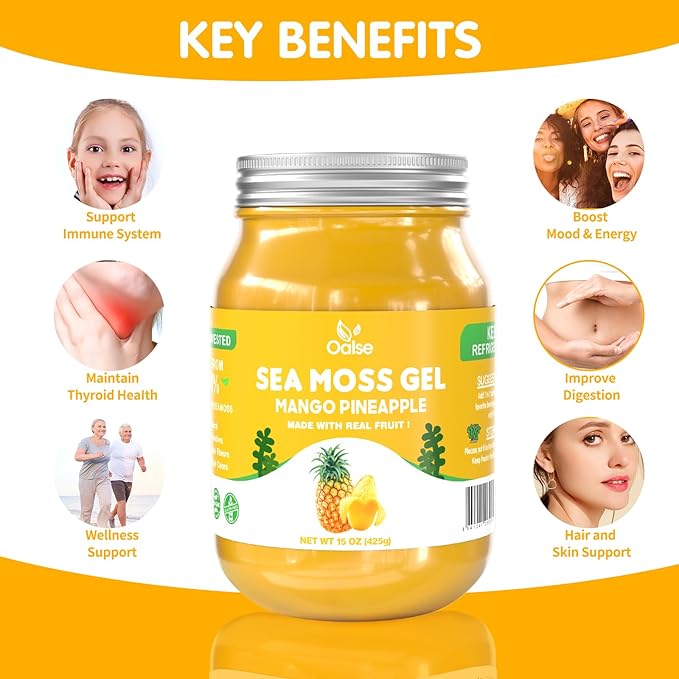 Sea Moss Gel Mango Pineapple Flavor - Natural Seamoss Gel with 92 Minerals and Vitamins - Non-GMO, Gluten-Free, Vegan - Immune Defense-15 OZ