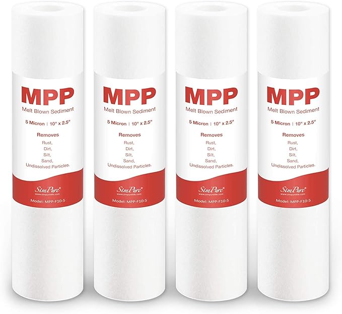 SimPure 5 Micron 10" x 2.5" Whole House Sediment Water Filter Cartridge Replacement for 10 inch RO Unit, Compatible GE FXUSC, Culligan P5, Aqua-Pure AP110, WFPFC5002, CFS110, WHKF-GD05, (Pack of 4)