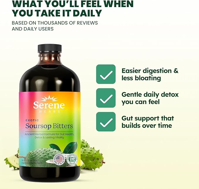 Soursop Bitters Liquid - Organic Herbal Sour SOP Guanabana Detox with Black Seed, Moringa & Ginger - Supports Digestive Wellness & Immune Function - 16 fl oz