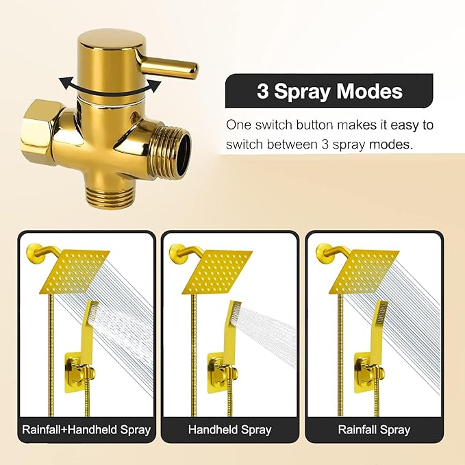 8"High Pressure Square Rain Shower Head and 2-in-1 Hand Shower.Equipped with 78"Hose, 3 Way Diverter Valve,Adhesive Shower Head Holder.(AWAXFOLO Square Shower Head Set gold)