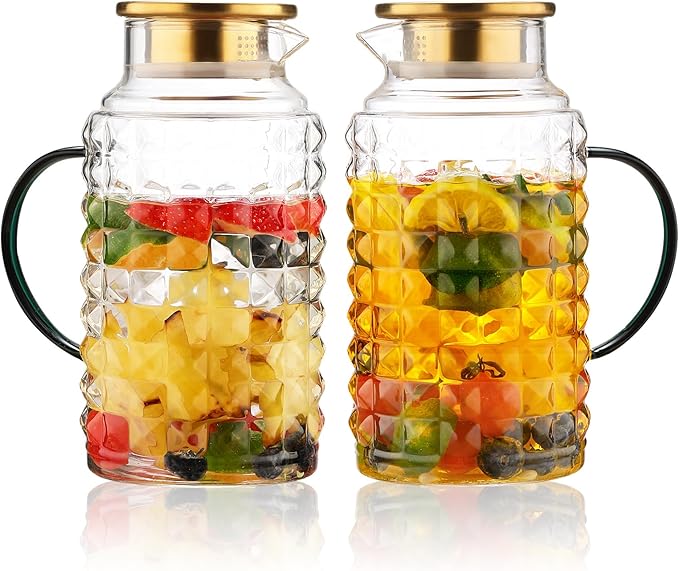 2 Pack 68oz/2L Glass Pitchers with Lids - Borosilicate Heat Resistant, Water Pitcher with Green Handle for Fridge, Iced Tea, Cold Brew & Lemonade - Home Kitchen Essential
