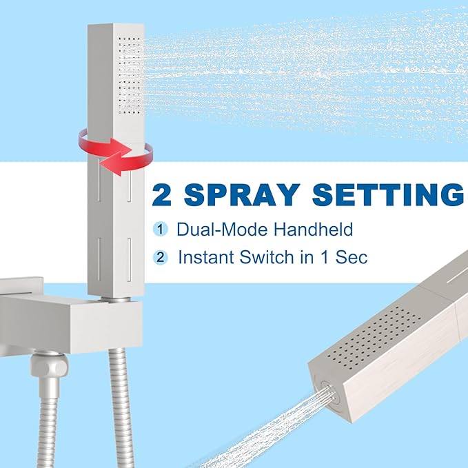 2 Settings Models Handheld Shower Head Sprayer High-Pressure with 59" Long Flexible Hose, Square 2 in1 Solid Brass Adjustable Shower Wand Replacement Kit, Brushed Nickel