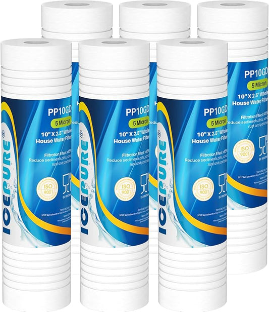 ICEPURE 5 Micron 10" x 2.5" Whole House Sediment Home Grooved Water Filter Cartridge Replacement for AO-WH-PREV-R2, AP110, AB-SGR5M, GXWH20S, 6PACK