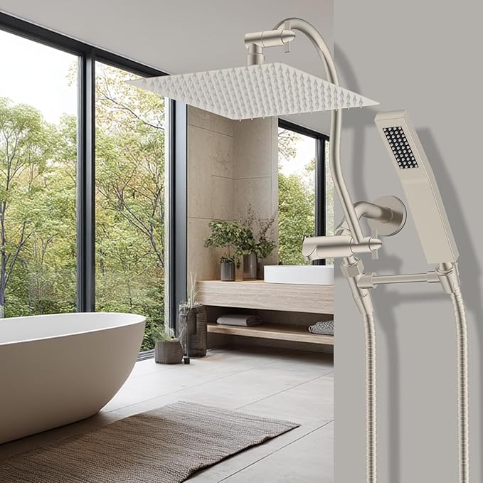 Hibbent All Metal Shower Head, 12'' High Pressure Rainfall Shower Head, Showerhead Combo, Handheld Shower Wand, 12'' Adjustable Shower Extension Arm, 71'' Hose, Shower Head Holder, Brushed Nickel