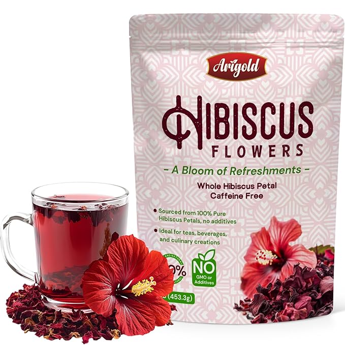 Arigold Pure Whole Petals Hibiscus Tea 1lb – Organic Dried Hibiscus Flowers,Flor de Jamaica, Hibiscus Sabdariffa, Bissap, Sorrel, hibiscus tea loose leaf Herbal Tea for Agua Fresca, Cocktails, Iced Tea & Hot Tea | Caffeine-Free & Rich in Antioxidants.