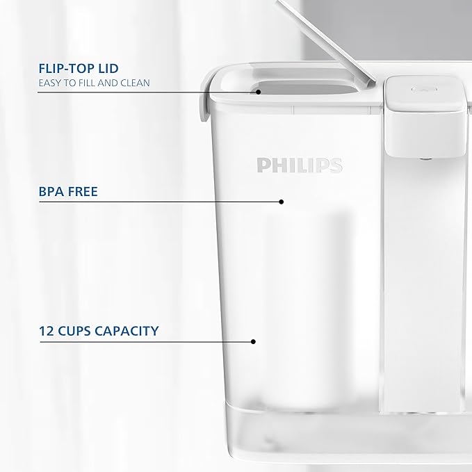 PHILIPS Water Filter Pitcher, Rechargeable Water Dispenser, Water Purifier Filter for Fridge Door, 2 Filters for 6 Months/120gal, Reduces 46 impurities 99% of Lead NSF/ANSI 42&53&372, 12-Cup, ADD5902