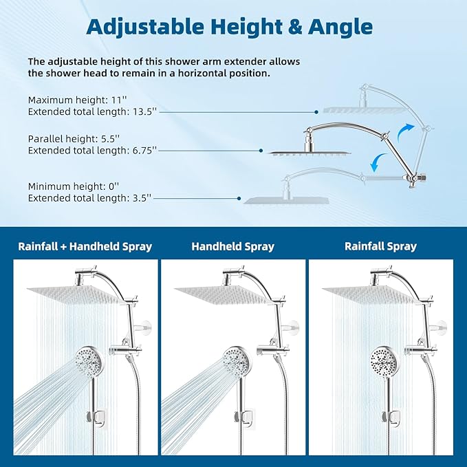 Hibbent All Metal Shower Head, 8'' High Pressure Rain Shower Head/Handheld Showerhead Combo with 16'' Adjustable Arc-shaped Extension Arm, 10 Sprays, 71'' Hose, Adhesive Showerhead Holder, Chrome