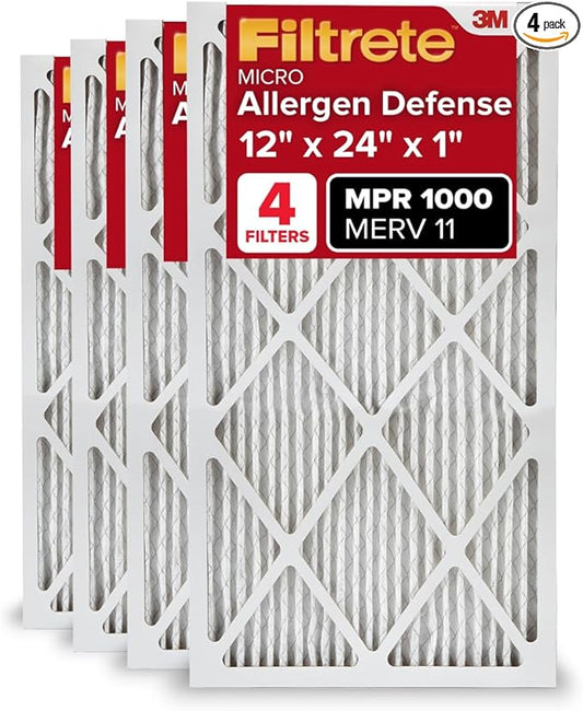 Filtrete 12x24x1 AC Furnace Air Filter, MERV 11, MPR 1000, Micro Allergen Defense, 3-Month Pleated 1-Inch Electrostatic Air Cleaning Filter, 4 Pack (Actual Size 11.69 x 23.69 x 0.81 in)