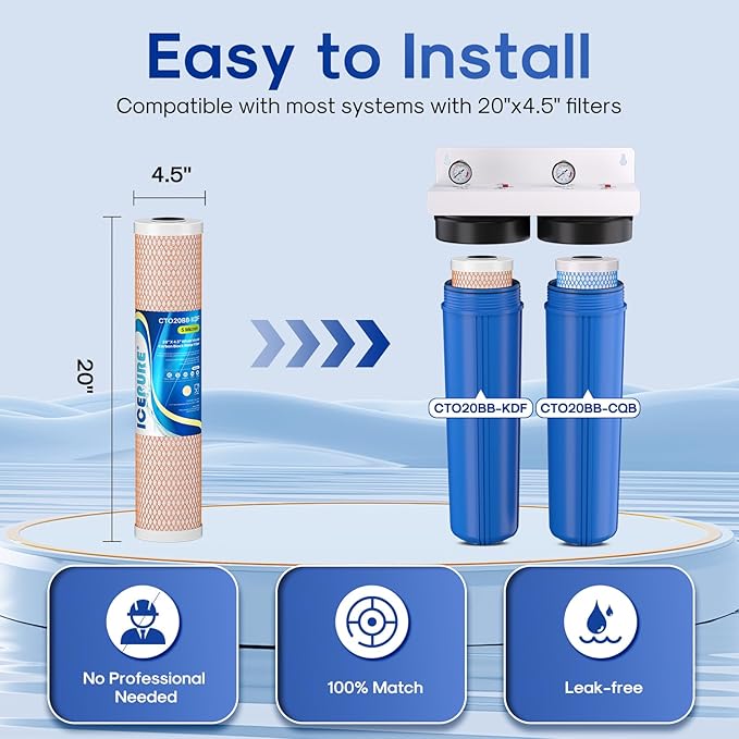 ICEPURE 4.5"x 20" Whole House CTO Carbon Water Filter, 20 Inch Water Filtration System Combo Kit with KDF Cartridge and Upgraded Activated Carbon Lead Remove Filter Replacement for Home, 1 Pack