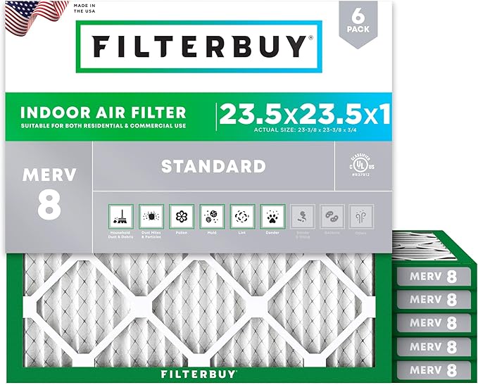 Filterbuy 23.5x23.5x1 Air Filter MERV 8 (MPR 700) Dust Defense Replacement (6-Pack), Electrostatic Pleated HVAC AC Furnace Filters, Made in USA (Actual Size: 23.38 x 23.38 x 0.75)