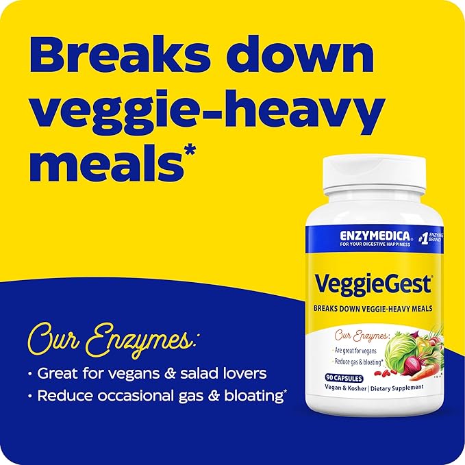 Enzymedica VeggieGest, Digestive Enzymes for Vegan, Vegetarian and Raw Diets, Prevents Gas and Bloating, 90 Count