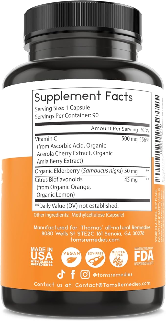 Thomas' all-natural Remedies Vitamin C with Organic Elderberry, Organic Citrus Bioflavonids - Whole Food Supplement - Non-GMO - Raw Vegan - 90 Capsules