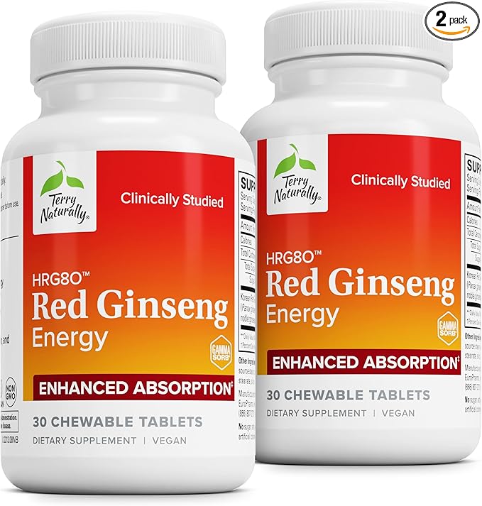 Terry Naturally HRG80 Red Ginseng Energy - Support Healthy Energy & Focus - Herbal Supplement with Korean Red Ginseng Root Powder - Tablets to Aid Healthy Endurance - 30 Chewable Tablets (Pack of 2)
