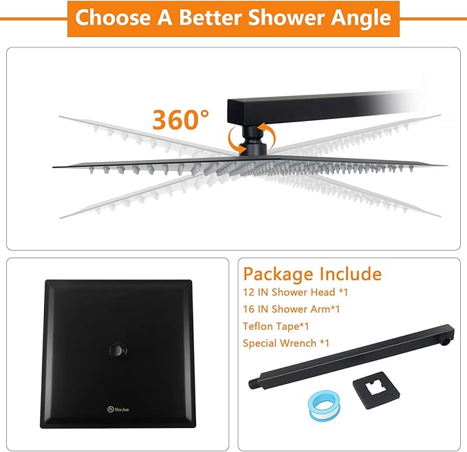 HarJue Shower Head with Extension Arm, High Pressure Square with ShowerArm, Stainless Steel Rainfall -Waterfall Full Body Coverage (12'' Shower with 16'' Arm, Matte Black)