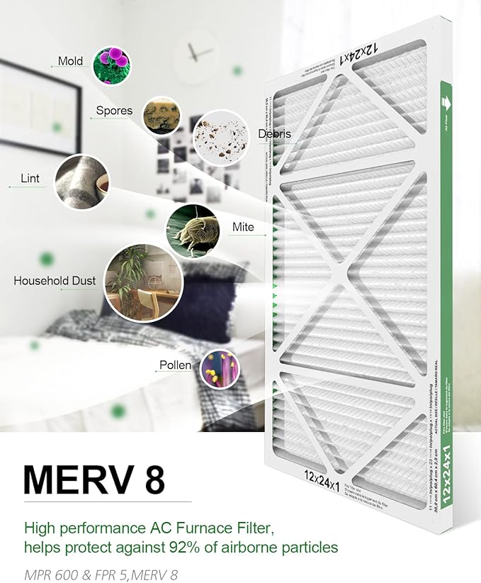12x24x1 Air Filter 6 Pack, Durable MERV 8 Pleated Home HVAC AC Furnace Filters, Lightweight Compact Air Conditioner Filter Replacement
