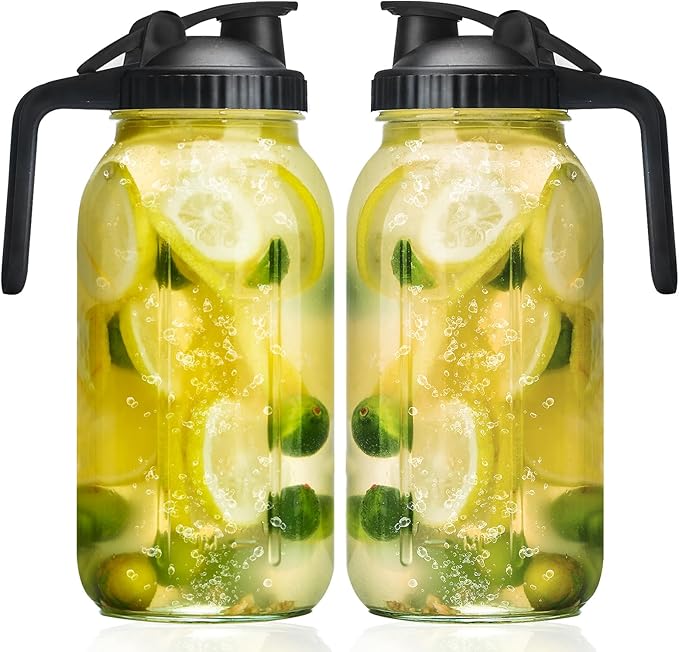 Glass Mason Jars Pitcher 64 Oz Pour Spout Lids & Handle (2 Pack) Wide Mouth Airtight Leak Proof Fridge Breast Milk Pitcher With Top Flip Cap 2 Quart Water Jug For Cold Brew Coffee, Iced Tea,