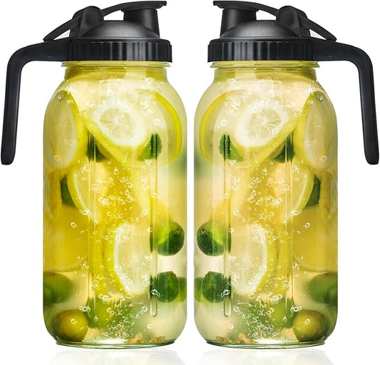 Glass Mason Jars Pitcher 64 Oz Pour Spout Lids & Handle (2 Pack) Wide Mouth Airtight Leak Proof Fridge Breast Milk Pitcher With Top Flip Cap 2 Quart Water Jug For Cold Brew Coffee, Iced Tea,