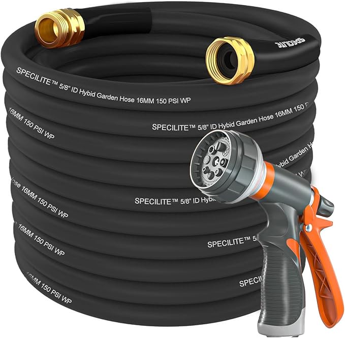 Garden Water Hose 100 ft x 5/8 in Heavy Duty, Flexible and Lightweight, Burst 600 psi, Kink-less Hybrid Rubber Pipe for Backyard, 3/4'' Brass Fittings, Black