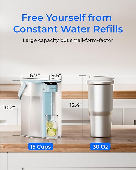 Waterdrop Electric Water Filter Pitcher, Reduce 99.6% of Lead and 45+ Impurities, 200-Gallon Rechargeable Water Dispenser, Instant 15-Cup Countertop System, NSF/ANSI 401&53&42&372, Light Blue