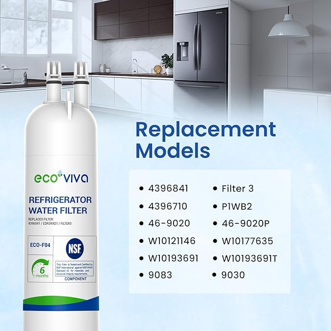 Ecoviva EDR3RXD1 Replacement Water Filter, Compatible with Filter 3,4396841, 4396710, WD-F08, 46-9083, 46-9030, W10121145, W10121146 Water Filter, 3 Filters