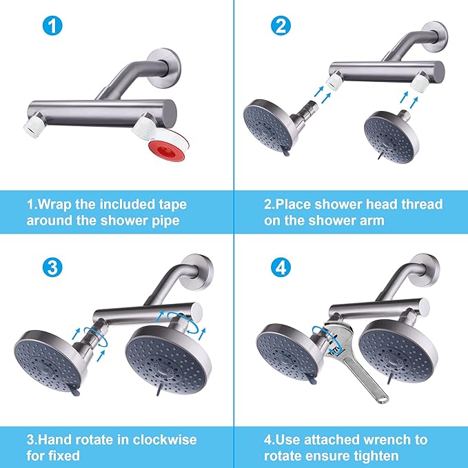 AZOS Double Shower Head with Shut-Off Valve, Bathathroom High Pressure Dual Fixed Rain Shower Head Combo with Brass Dual Outlet Manifold, Adjustable 5 Function Showerhead Brushed Nickel