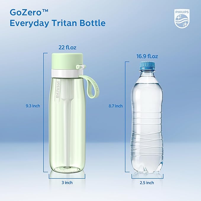 PHILIPS Filtered Water Bottle, BPA-Free Tritan Plastic Water Bottles, Replaces 450 Plastic Water Bottle with Reusable GoZero Everyday Water Filter, Portable Filtering Bottle for Travel, 22 oz, Green