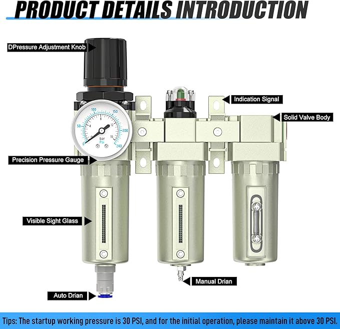 3/4" NPT Heavy Duty Industrial Grade 3 Stage Air Drying System, Auto Drain, Coalescing Filter, Particulate Filter, Desiccant Dryer and Air Regulator For Plasma Cutter and Paint Spray