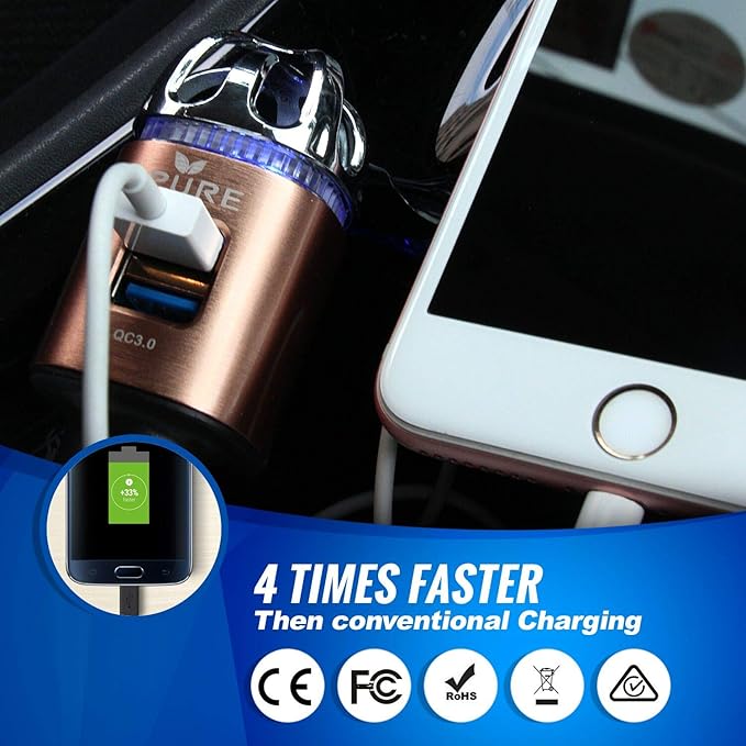Car Air Purifier 3in1 Premium Stainless Steel Air Filter Ionizer w/Dual USB Quick Charge 3.0 USB-Eliminate Allergens Odor Smell, Smoke, Pets, Pollen Mold Bacteria w/Anti-Microbial Deodorizer (Bronze)
