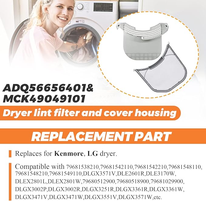 【2025 UPGRADED】2pcs MCK49049101 Dryer Lint Filter Screen Housing Guide Cover with ADQ56656401 Lint Filters Stainless Steel Mesh - Fit for L-G Ken-more Dryers DLEX3570V DLGX4271V 79691282310