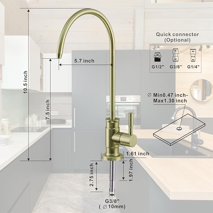 Drinking Water Faucet Brushed Gold, Wellup Reverse Osmosis Faucet for Non Air Gap RO Water Filtration System, Leadless Stainless Steel Kitchen Water Filter RO Faucets for Kitchen Bar Sink