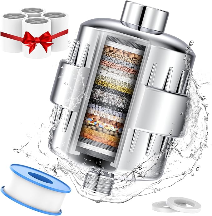 Shower Head Filter for Hard Water - 24 Stage Shower Filter Shower Water Filter with 4 Replaceable Filter Cartridges Protects Your Skin and Hair from Chlorine and Heavy Metals in Water, Chrome